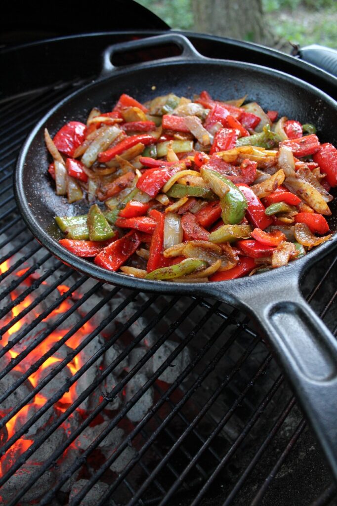 heat, cooking, food, hot, pan, mexican food, fajitas, vegetables, red pepper, onion, skillet, grill, charcoal, fire, cast iron, dinner, grilling, meal, vegetable, fresh, homemade, fajitas, fajitas, fajitas, fajitas, fajitas